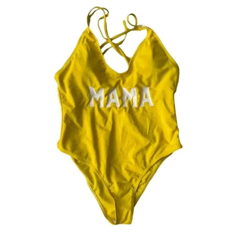 Mama Yellow Graphic One apiece Bathing Suit Swimwear L New - Picture 1 of 8